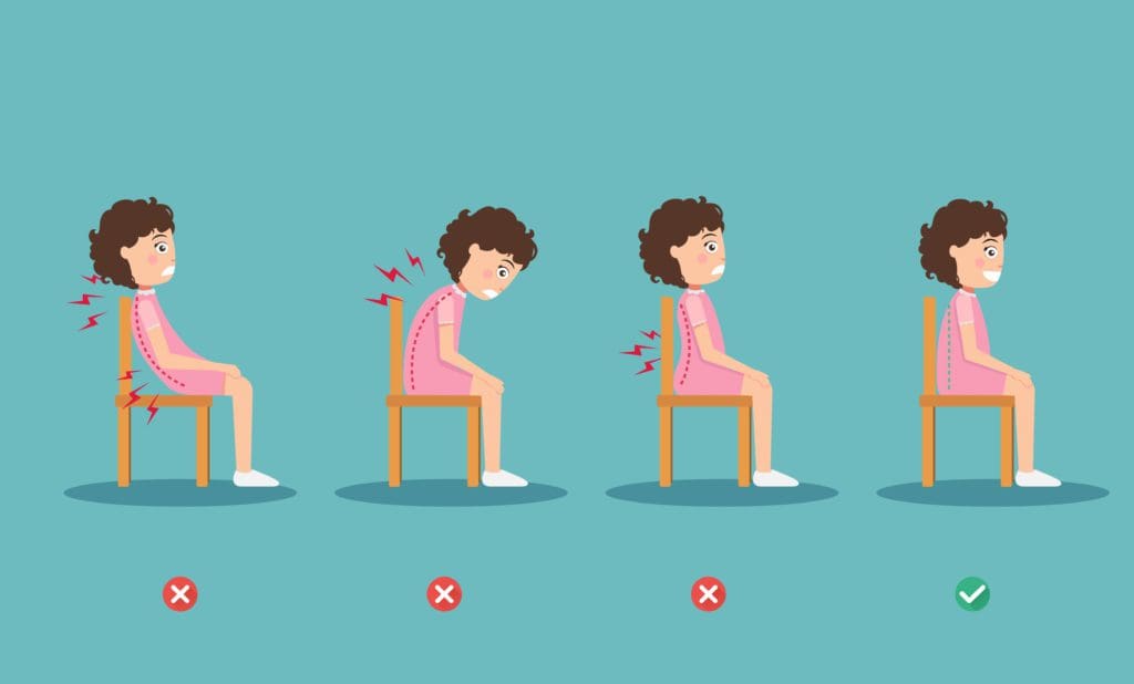 Richtig sitzen im Büro. HAIN® GmbH. Grafik einer Frau in drei ungesunden und einer gesunden Sitzposition.