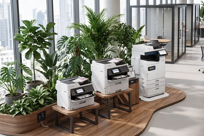 Row of Epson printers on wooden desks in a plant-filled, modern office showroom.